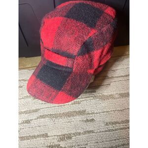 Vintage wool Red Buffalo Check Plaid Hat w/ Ear Flaps